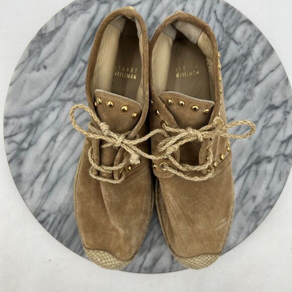 Stuart Weitzman Womens 7.5 Tan Suede Studded Espadrille Booties Shoe Jute Lace - Picture 8 of 12